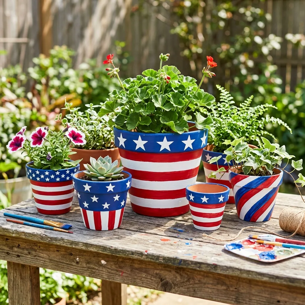 Red, white, and blue painted clay pots for Fourth of July decor